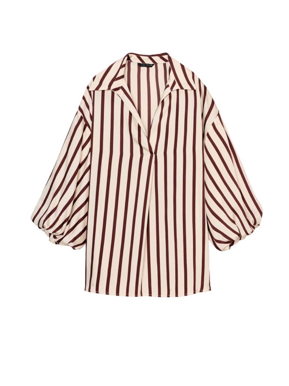 Zara Cream & Brown Striped Balloon-Sleeve Tunic